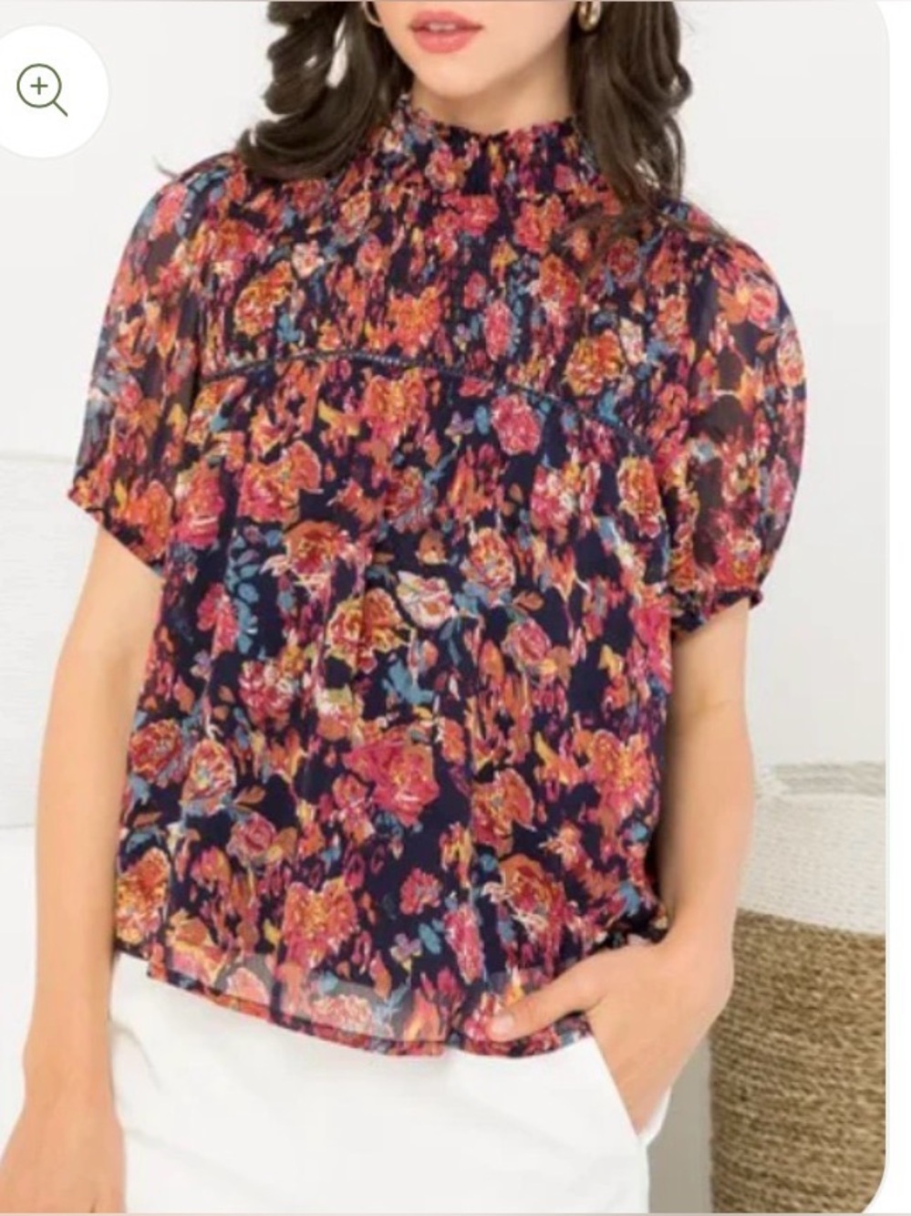 THML Navy Floral Smocked Yoke Blouse EUC Size Small